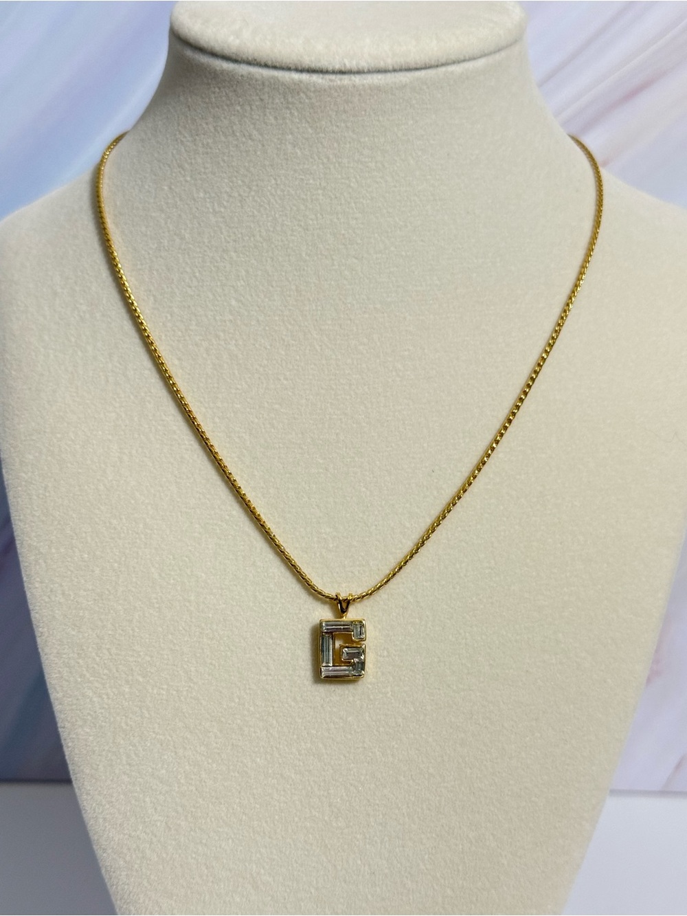 Vintage Givenchy G Logo Baguette Crystal Pendant Necklace Gold Tone 16”